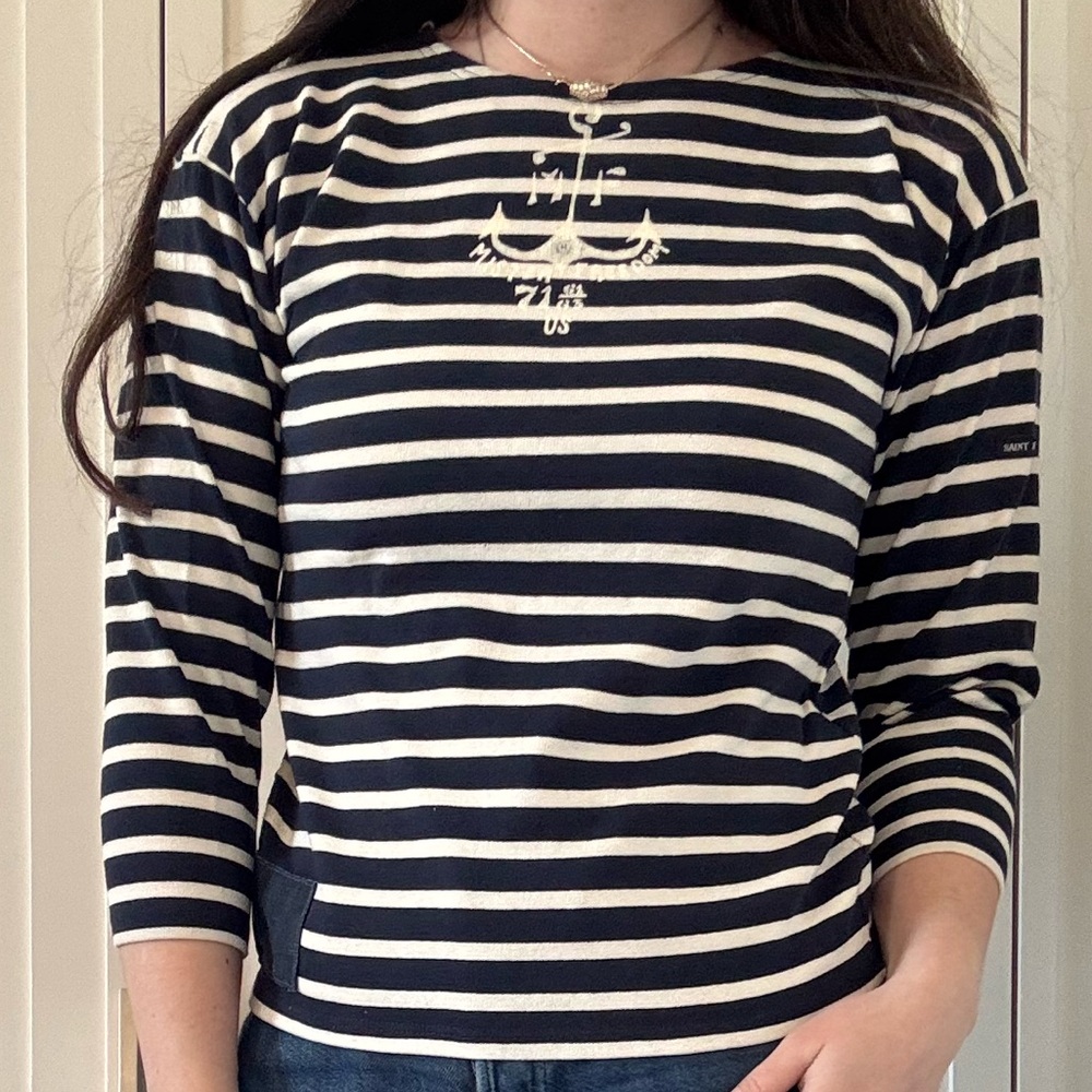 Saint James Classic Navy and Cream Striped Shirt with anchor